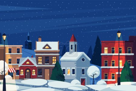 Winter cityscape or street landscape, vector banner or background. Snowfall in a town or snowy night in a city. Buildings exterior facade. New Year or Christmas night. Scenery of residential district.