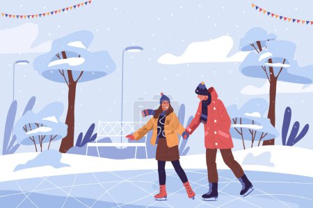 Illustration for People skating together in a park, vector banner or background. Ice skating by the riverside, winter recreation outdoors or leisure activity. Scenic nature landscape, frozen river, snowy weather. - Royalty Free Image