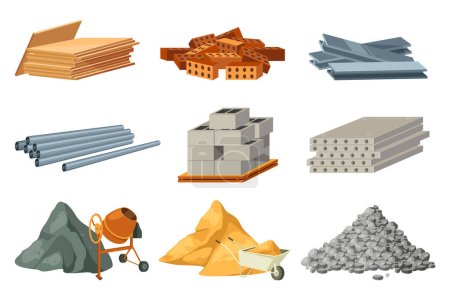 Building materials vector set. Isolated objects of metalworks, bricks, metal pipes, concrete plates, barrows of sand and stones. Supporting equipment mixer and wheelbarrow. Building industry theme.