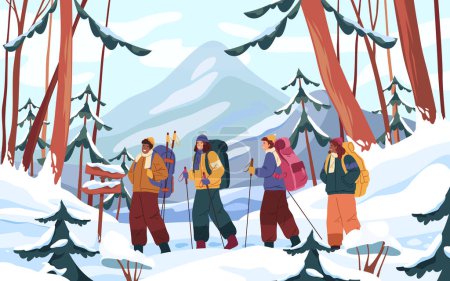 Illustration for Winter mountaineering or hiking, vector banner or background. Snowy mountain landscape, alpine view. Alpinists or hikers walking across a forest, winter sport, recreation. Adventure, outdoors activity - Royalty Free Image