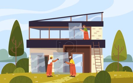 Illustration for Window installation or montage, vector banner or background. Mounters install the double glazing or window structures. Window repair service. Facade of modern building. Countryside landscape. - Royalty Free Image