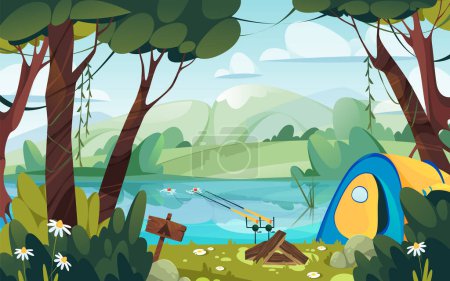 Illustration for Fishing by the river valley or shore, vector banner or background. Summer recreation by the water. Fisher camping on a shore with spinnings and tent. Natural landscape scenery, lake or pond scape view - Royalty Free Image