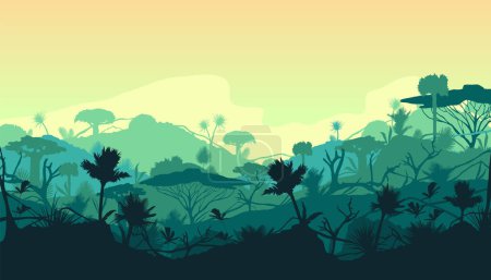 Illustration for Jungle forest or amazon rainforest, vector banner or background. Silhouettes of tropical or equatorial planting. Amazonian exotic nature, tropical environment. Sunrise scenery view. - Royalty Free Image