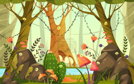 Illustration for Enchanted forest or magic woodland, vector banner or background. Fantasy nature scape with fairy plants, charmed berries and mushrooms, fireflies. Fairytale scenery view, backdrop or card. - Royalty Free Image