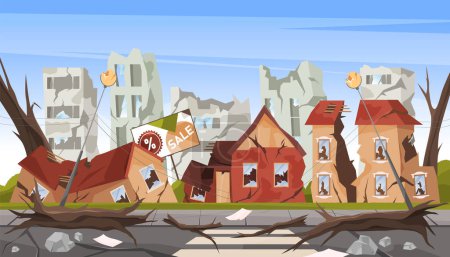 Illustration for Ruined city or destroyed town scape, vector banner or background. Natural disaster or cataclysm, violent shaking of the ground. Road cracks, damaged buildings, ruins. Earth trembler, catastrophe. - Royalty Free Image