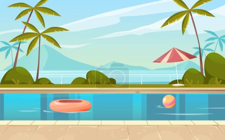 Pool view or poolside scenery, vector banner or background. Resort landscape. Tropical nature, sea scape, palms, mountains. Leisure recreation and relaxation near the water. Summertime.