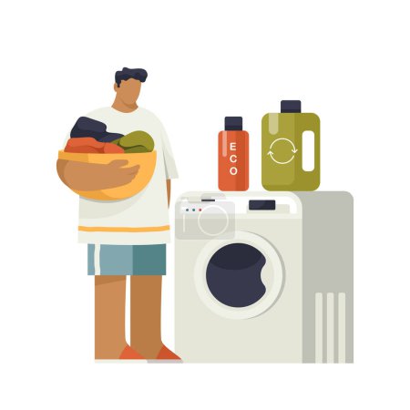 Illustration for Eco washing with organic or natural abstergents. Vector illustration. Character using bio washing gel for clothes laundry. Ecological housekeeping, eco friendly cleaning products. - Royalty Free Image