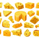 Cheese or curd pieces, vector icons set. Homemade or farm diary product, milky or creamy food. Cheddar, gouda or maasdam slices. Emmental, holland or edam cheese, delicatessen or snack.