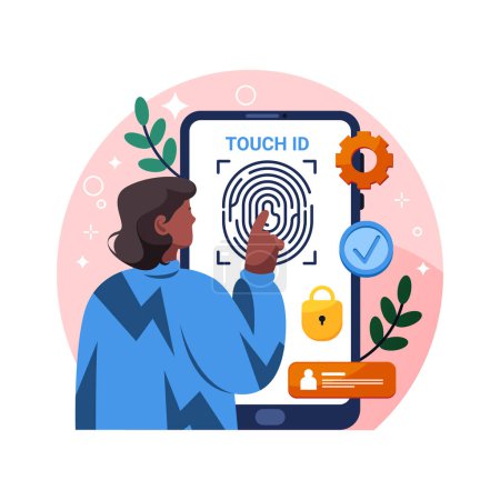 Ilustración de Touch id or identification, mobile security system. Vector banner or image. Human fingerprint recognizing system, touch scanning. Modern device technology for unlock, authorization and access. - Imagen libre de derechos