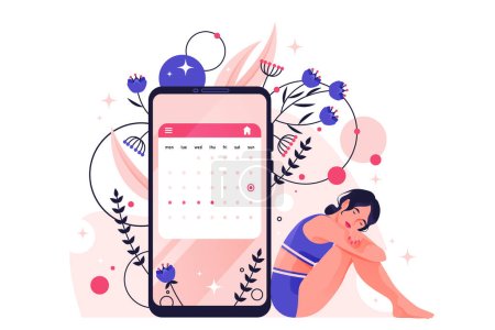 Illustration for Menstrual cycle or menstruation period. Vector banner or image. Calendar dates in mobile app. Premenstrual syndrome or period pain symptom. Woman reproductive system. Gynecology theme. - Royalty Free Image