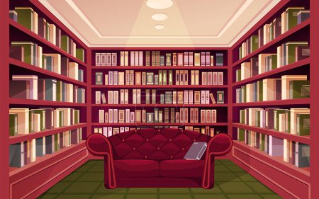 Ilustración de Poster with library room and shelves. Vector illustration of bookshop. Bookstore sign. University or college library graphic card. House of knowledge interior. Building indoor view. Literature theme - Imagen libre de derechos