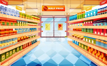 Ilustración de Supermarket or shop, store indoor view. Vector image of grocery and food, product retail mall. Sign for market trade. Hypermarket aisle or row with shelves or counters. Interior of building, shopping - Imagen libre de derechos