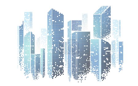 Illustration for Pixel city or 8 bit skyscrapers. Vector background town landscape. Isolated downtown skyline for game. Urban symbol or building clipart. Card design for metropolis. Pixelated or 8-bit architecture. - Royalty Free Image