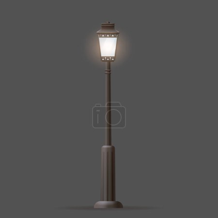 Illustration for Isolated night lantern with pillar lamp. Vector illustration of lamppost at evening. Clipart for street exterior decoration. Cartoon city or park architecture. Vintage electrical pole. Outdoor object. - Royalty Free Image