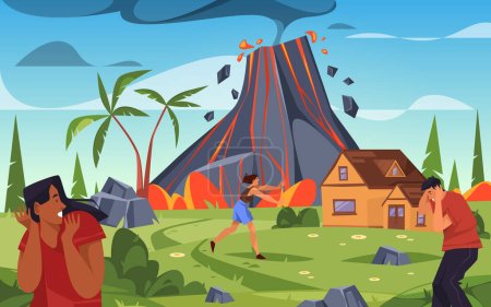 Volcanic eruption disaster, vector illustration or image. Landscape of natural catastrophe with magma ejection and gas clouds. Countryside settlement destruction or damage. Scared people. Island scape