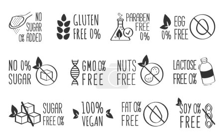 Vector stickers or tags for healthy food. Vector stamp for grocery market. Ecology tag for nutrition. Ingredients and supplements free. No gmo, sugar, paraben, gluten, egg, nuts, lactose, fat, soy.