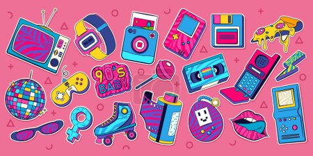 Retro set of icons of 90s. Pop art sticker collection for 1990 born baby. Badge for hipsters with disco ball and sunglasses, boombox and roller, cassette. Vintage isolated element. Old cartoon design
