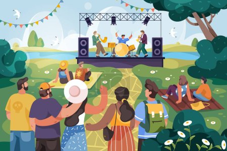 Vector open air live concert at music festival. Illustration of rock or pop band on stage and outdoor crowd. Scene with musical group and fans. Open-air sound check, performance show. Public scene