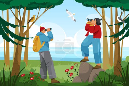 Illustration for Ornithologist at nature observing birds vector illustration. Sign of birdwatcher with binocular watching wildlife. Biologist or zoologist, naturalist at park or forest exploring flying animals.Watcher - Royalty Free Image