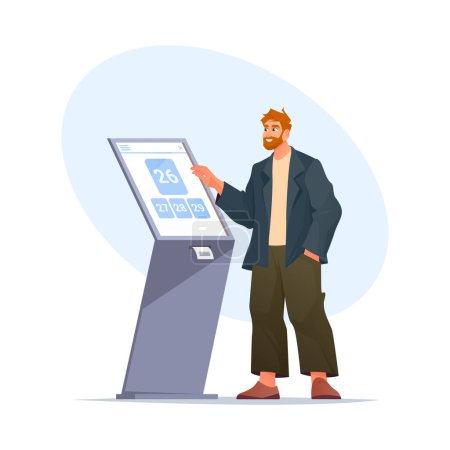 Illustration for Vector queue management system terminal. Automated machine for order ticket dispenser. Self service technology for queuing and waiting in airport or bank reception. Digital automatic dashboard - Royalty Free Image