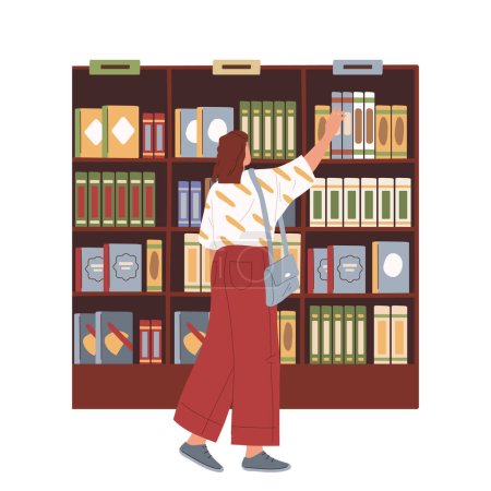 Vector bookstore or library with bookcase. Book store or shop with buyer. Library illustration with reader looking catalog. Inside or interior view on literature institution. Bookshop for reading.