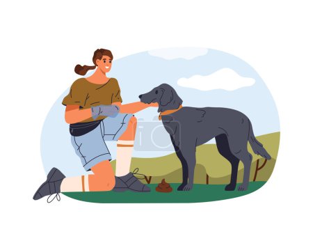 Vektorillustration der Reinigung von Hundekot. Poster für Haustierabfälle sauber im Freien. Flaches Cartoon-Poster für Hundetoilette. Welpenreinigung. Umweltmüll mit Einweghandschuhen abholen.