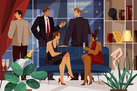 Illustration for Vector image of business party. Clipart for contract signing or making a deal celebration. Office or employee corporative with people in suits and dress. Nightclub or bar event flat illustration - Royalty Free Image
