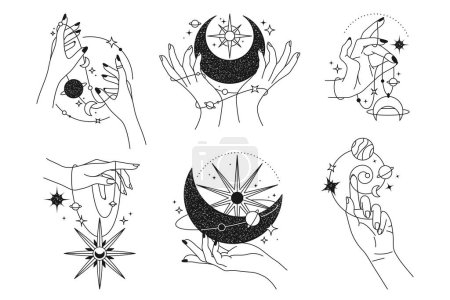 Vector set of magic and astrology, occult icon. Celestial sign with hands for mystical or zodiac, tarot and witchcraft, esoteric theme. Cartoon amulet or talisman, tattoo element. Star and planet