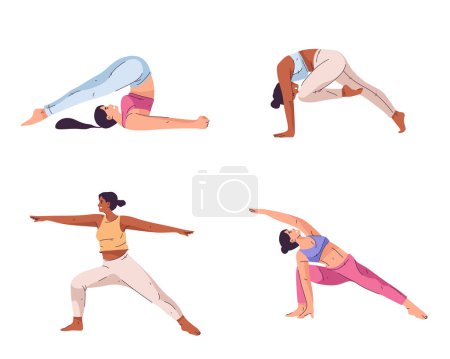 Illustration for Set of isolated woman yoga poses. Vector symbol of asana stretching or fitness posture for physical health and flexibility. Halasana or plow, plough and revolved side angle, warrior II or two position - Royalty Free Image