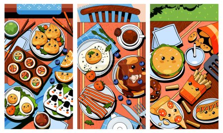 Set of pop art vector table with food for menu background. Restaurant banner backdrop with pop art style dish with smiling faces. Comic fast food and funny sushi. Isolated cartoon banner for recipe