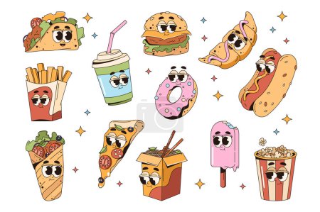 Set of fast food character with face. Vector cartoon pop art hot dog, pizza and french fries. Food and beverage sign for takeaway. Taco roll and donut, ice cream and noodles, croissant. Cafe menu