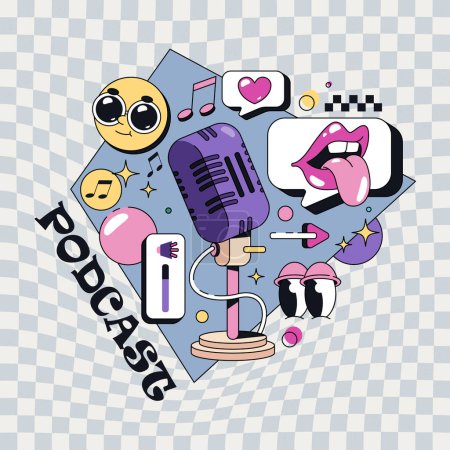 Vector podcast show banner or audio event pop art background. Radio advertisement or live podcasting sign in retro. Casting cover for interview with microphone or mic, eyes and funny face. Record