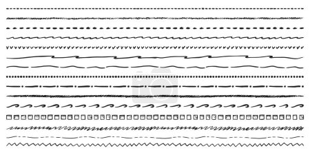 Set of isolated lines set or vector border curve. Brush scribble element or handwritten vintage pen drawing. Typography decoration or decor symbol. Wiggle ornate or zigzag divider. Underline