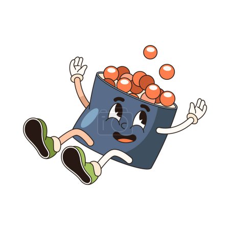 Smiling ikura sushi pop art character. Vector illustration of sea food with caviar or salmon roe. Asian or japanese nutrition element with smile and face, legs. Fish meal with rice walking.Comic style