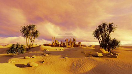 Téléchargez les photos : Silhouette de la ville orientale dans le désert de sable - en image libre de droit