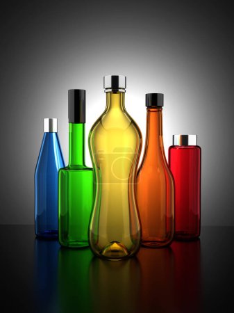 Colorful Glass Bottles Realistic 3d Illustration Render on Gradient Background