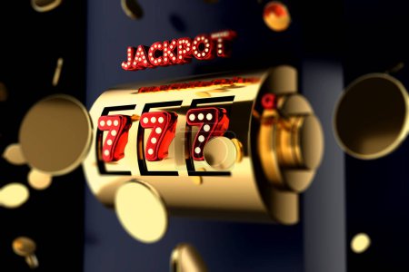 Téléchargez les photos : Golden slot machine avec des pièces d'or 777 Big win concept. Jackpot de casino. Illustration 3D Render - en image libre de droit