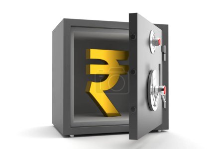 Foto de Bóveda segura de metal Opem con símbolo de rupia india dentro de la ilustración 3D Render aislado sobre fondo blanco - Imagen libre de derechos