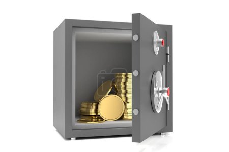 Bóveda segura de metal abierto con monedas de oro dentro de 3D Illustration Render sobre fondo blanco