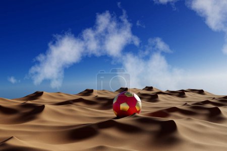 Foto de Pelota de fútbol en el desierto de Qatar con color marrón y dorado - 3D Illustration Render - Imagen libre de derechos