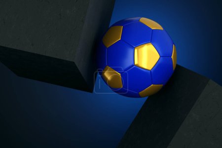 Golden and Blue Football Soccer Ball between 2 Solid Concrete Blocks - 3D Illustration Render