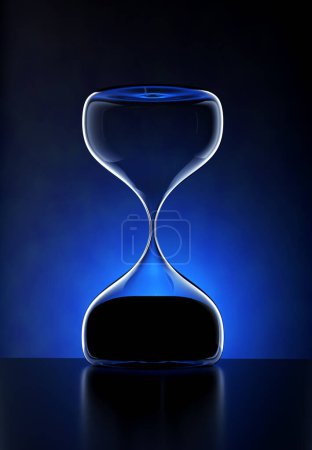 Foto de Reloj de arena en el suelo negro reflectante, Sandglass 3d ilustración Render con fondo azul - Imagen libre de derechos