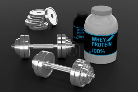 Foto de Metal Chrome Gym Equipment Dumbbell Pair con suplementos de proteína de suero de leche sobre fondo negro - 3D Illustration Render - Imagen libre de derechos