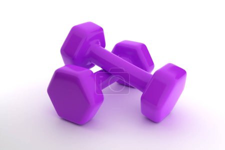 Téléchargez les photos : Équipement de gymnase de paire d'haltères violet en métal et en caoutchouc sur fond blanc - 3D Illustration Render - en image libre de droit