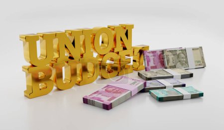 Téléchargez les photos : Concept de budget de l'Union indienne avec des notes en roupie INR Illustration 3D Render - en image libre de droit