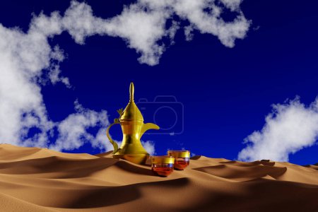 Téléchargez les photos : Moyen-Orient arabe café Dallah Pot dans les dunes de sable désert - 3D Illustration Render - en image libre de droit