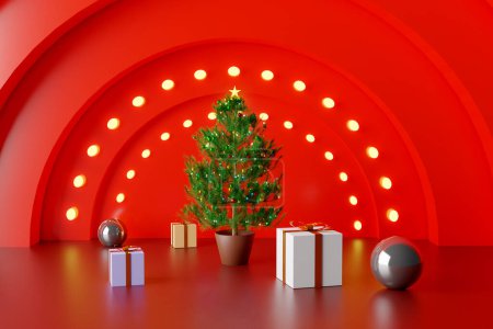 Téléchargez les photos : Arbre de Noël et boîtes-cadeaux avec lumières et paramètres de vacances - 3D Illustration Render - en image libre de droit