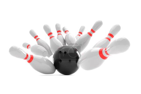 Foto de Bowling Action Ball golpea los bolos sobre fondo blanco. Visualización de la ilustración 3d - Imagen libre de derechos