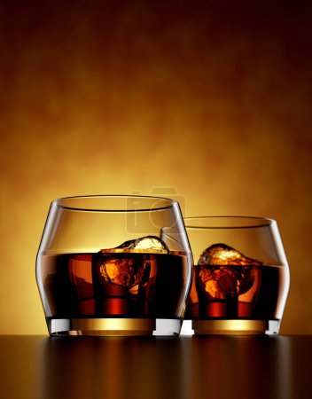 Foto de Whisky escocés, bourbon o ron en un vaso sobre fondo ámbar - 3D Illustration Rendering - Imagen libre de derechos