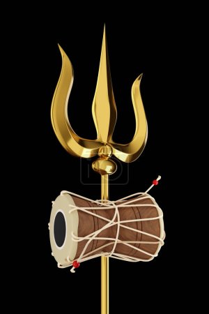 Trishul de Shiva en oro y madera Damru tambor instrumento musical sobre fondo negro - 3D Illustration Render